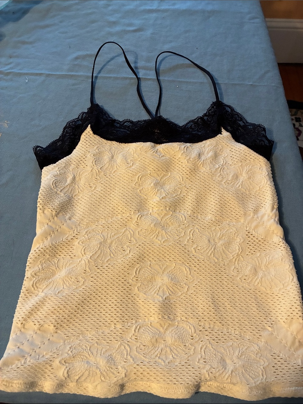 Free People Cream Knit Cami with Black Lace Trim